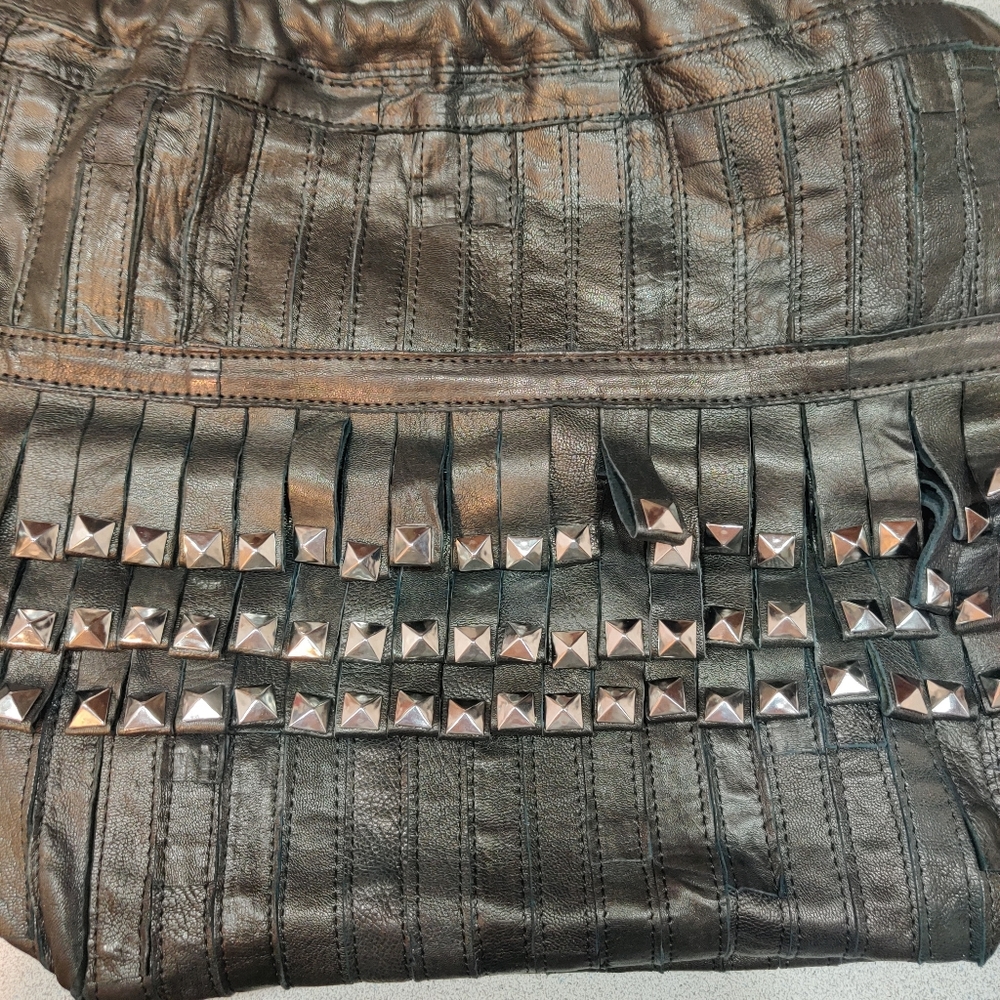 AmeriLeather Fringe Studded Leather Patchwork Hobo - Picture 4 of 8